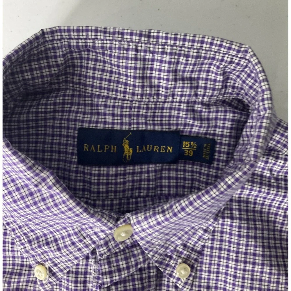 Polo Ralph Lauren Shirt Men Sz 15.5 Button Front Plaid Purple Long Sleeve Pony